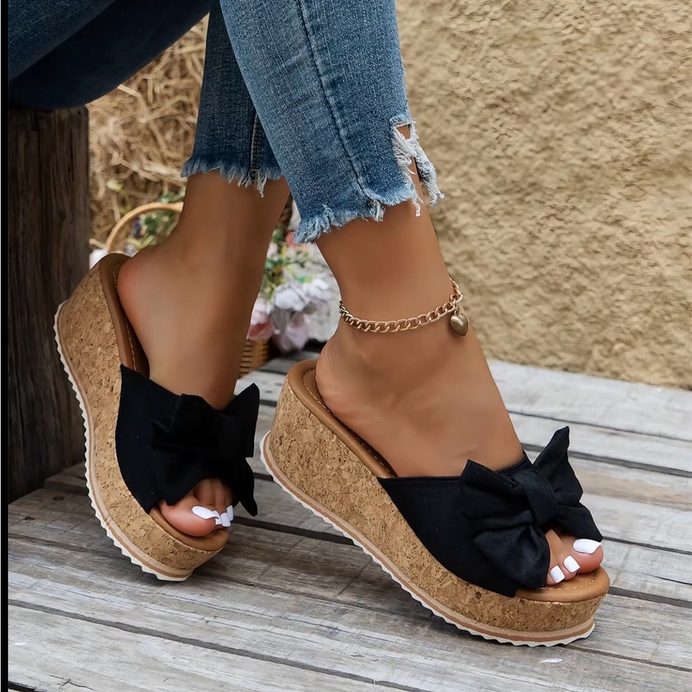Black Bow Cork Wedge Slide Sandals -